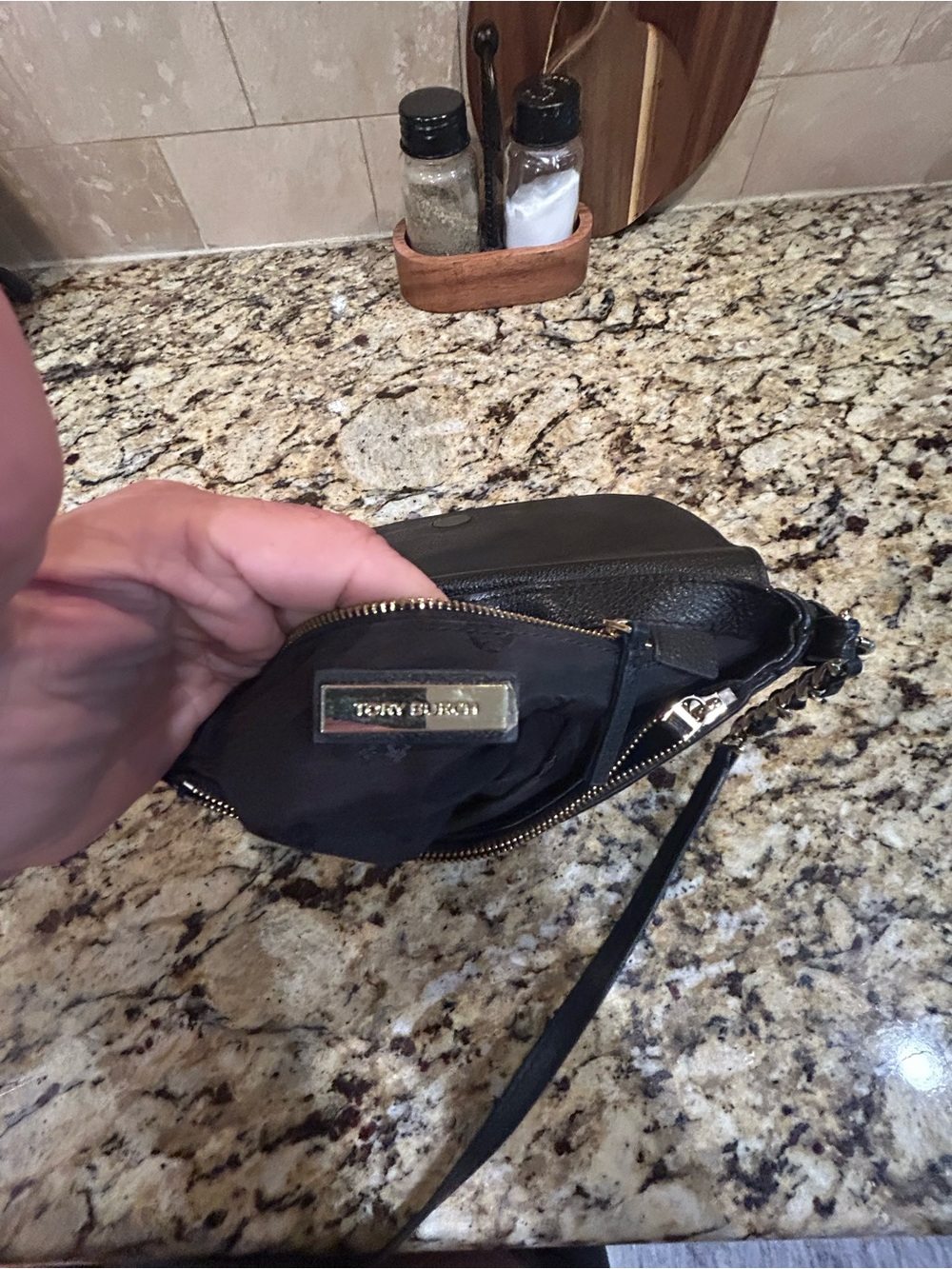 Tory Burch Black Pebbled Leather Flap Wristlet with Embossed Logo - Picture 11 of 11